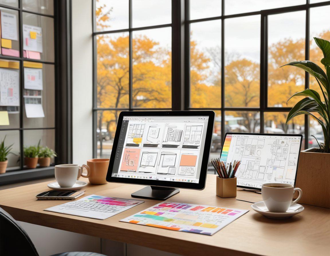 A sleek and modern workspace with dual monitors displaying intricate web design software. A designer's hand sketching wireframes on a tablet, surrounded by coffee cups, sticky notes, and color swatches. Background featuring stylish minimalist decor and natural light pouring in from large windows. super-realistic. vibrant colors.