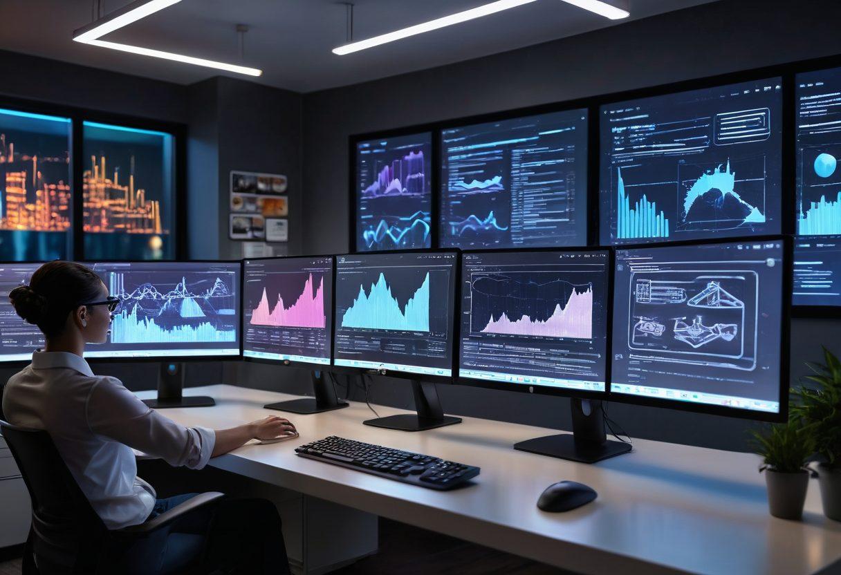 A futuristic desktop computer setup with holographic screens showcasing dynamic web interfaces, data analytics, and user interaction diagrams. A diverse team of developers collaborating with augmented reality tools. Sleek, modern office setting with ambient lighting. ultramodern. vibrant colors. 3D.