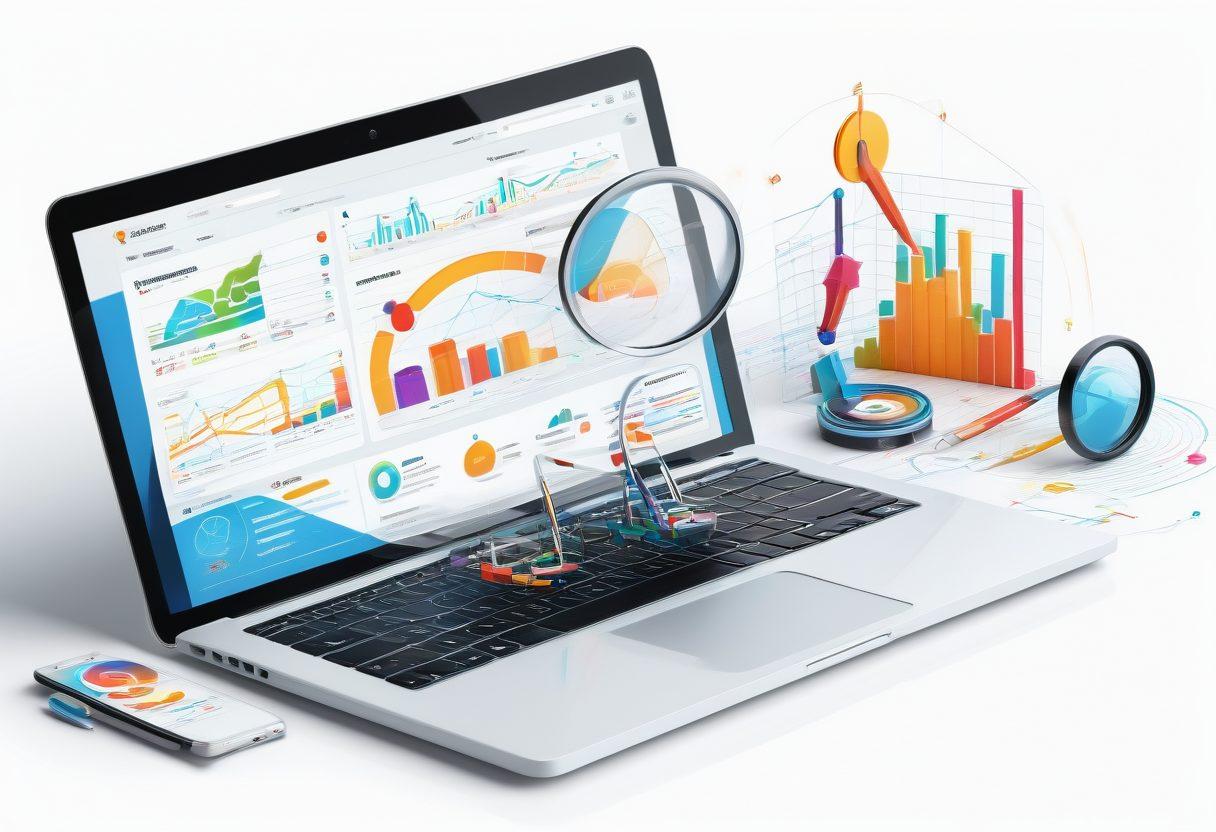 An illustration of a vibrant, dynamic website with interconnected SEO elements like a magnifying glass, keywords, and analytics charts. The website is shown on various devices such as a laptop, tablet, and smartphone, all radiating connectivity and growth. Bold arrows and icons indicating an upward trend support the theme. Futuristic and clean design. super-realistic. vibrant colors. white background.